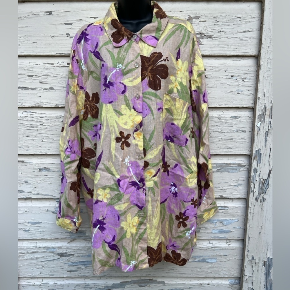 Avenue Jessica London 100% Linen Hawaiian Floral Beachy Button-Down Blouse Top